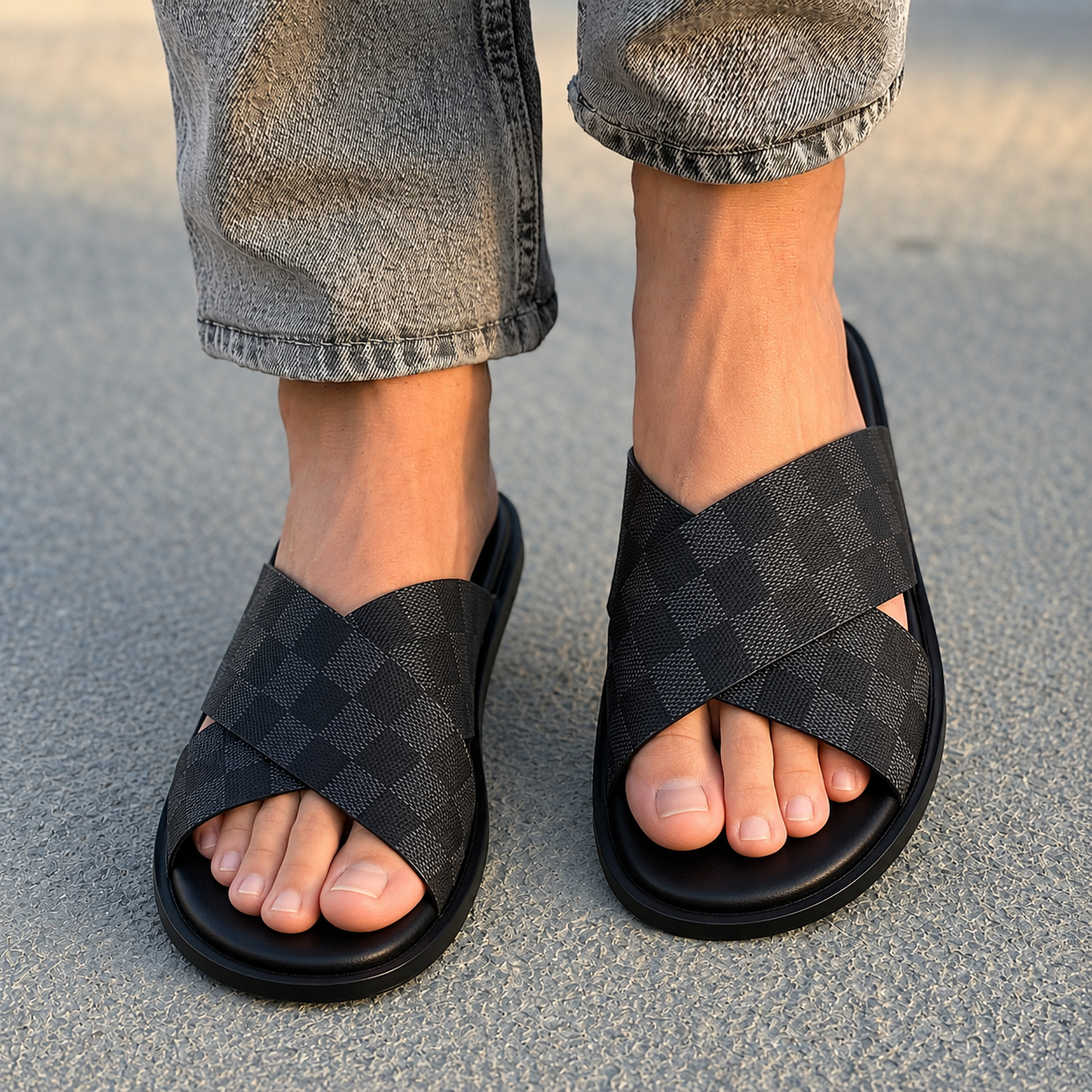 LY Handmade Checkered Cross Chappal LS-11351 BLK