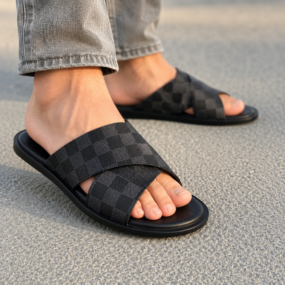 LY Handmade Checkered Cross Chappal LS-11351 BLK